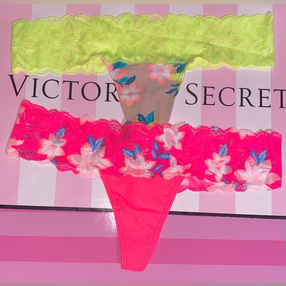 2 Victoria’s Secret PINK Thong Panties PINK lace panties bundle pink neon floral